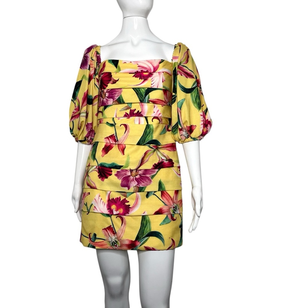PatBO Laelia Puff Sleeve Yellow Floral Pleated Mini Sheath Dress Size 8